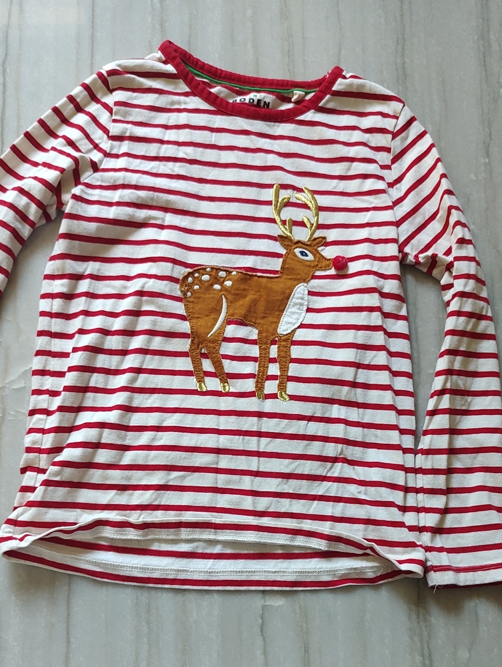 Mini Boden Red & White Striped Long Sleeve Top with Gold Reindeer Applique